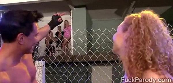  Redhead gets tapped out by 2 pervs in this mixed martial arts XXX parody